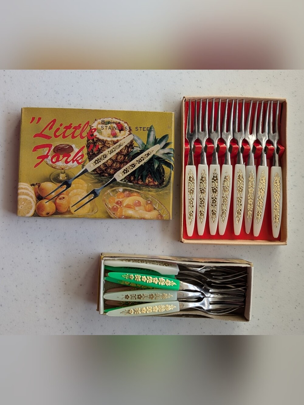 2 Vintage Sets Stainless Steel Cocktail  Little Forks MCM Multicolor Charcuterie